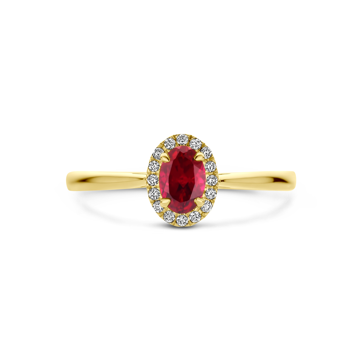 ring lab grown robijn en diamant 0.075ct h si halo 14K geelgoud - Afbeelding 4