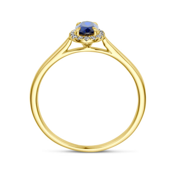 ring lab grown saffier en diamant 0.075ct h si halo 14K geelgoud - Afbeelding 3