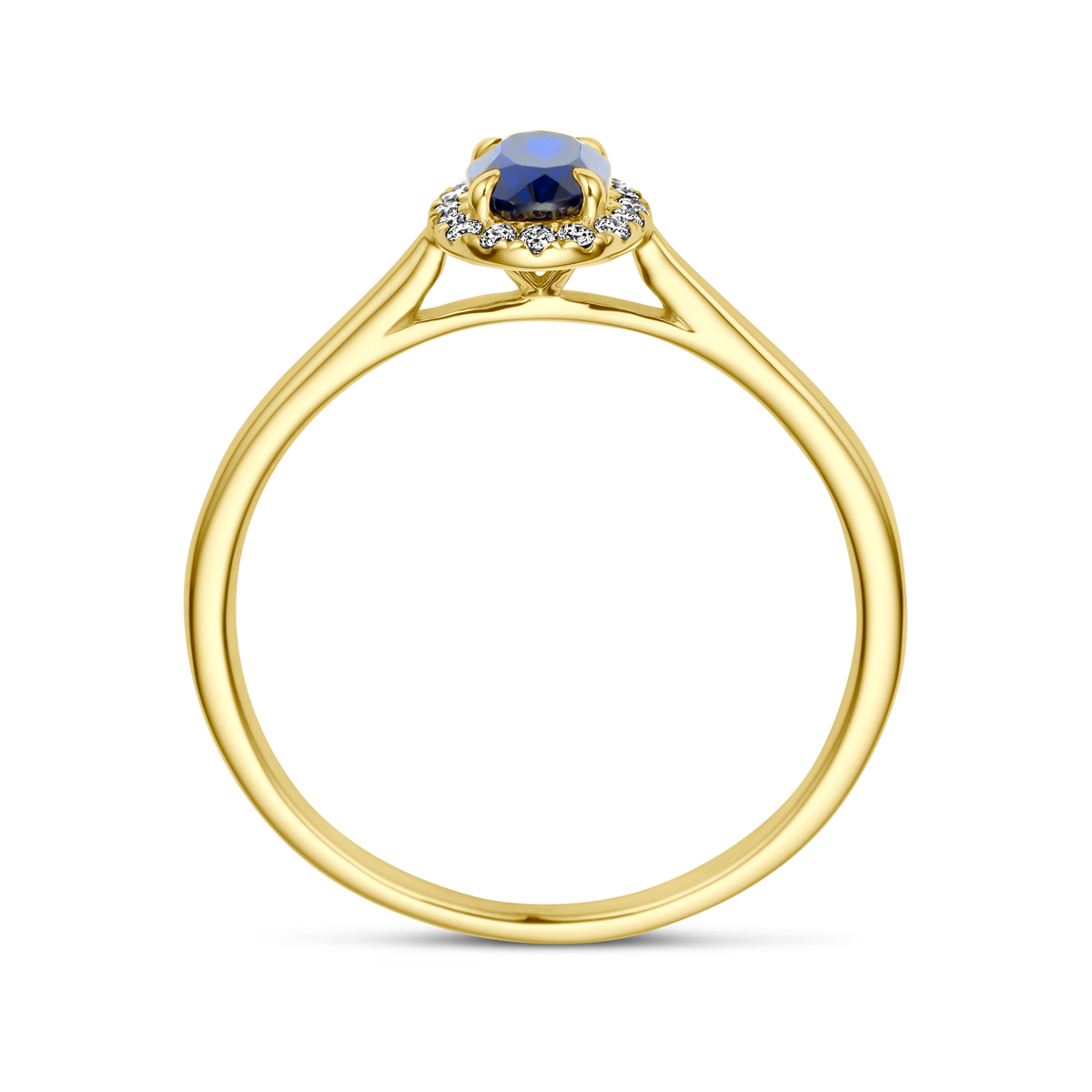 ring lab grown saffier en diamant 0.075ct h si halo 14K geelgoud - Afbeelding 3