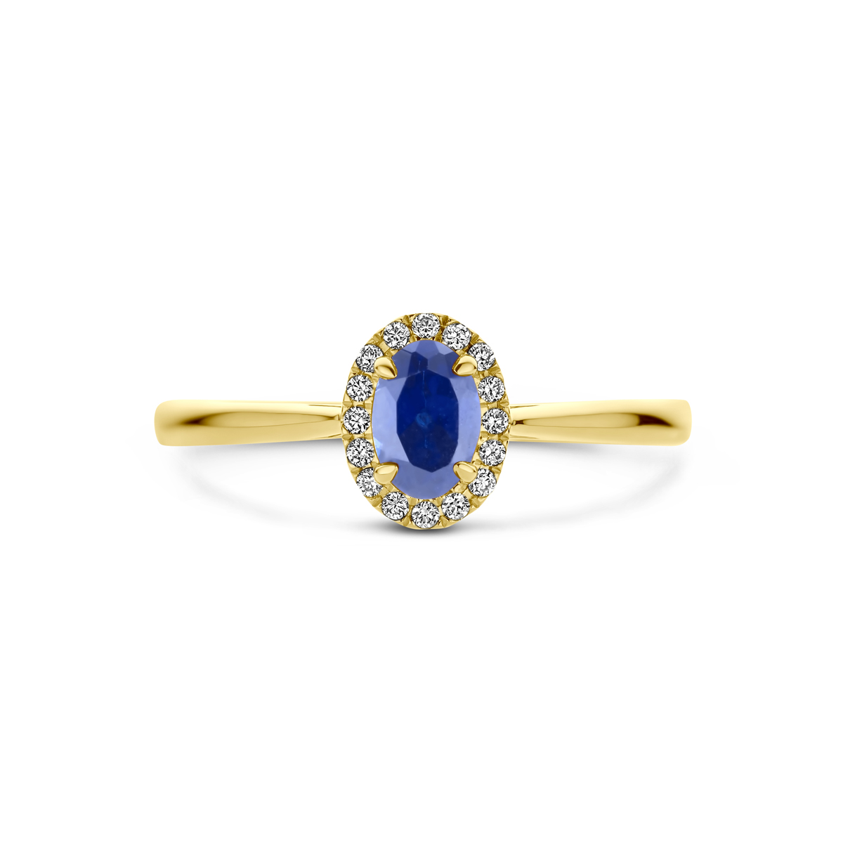 ring lab grown saffier en diamant 0.075ct h si halo 14K geelgoud - Afbeelding 4