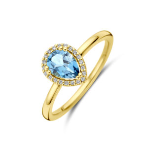ring london blue topaas en diamant 0.06ct h si halo 14K geelgoud
