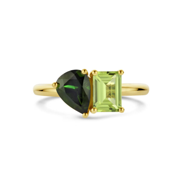 ring toi-et-moi peridot en groen toermalijn 14K geelgoud - Afbeelding 4