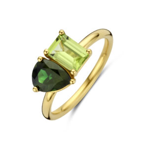 ring toi-et-moi peridot en groen toermalijn 14K geelgoud