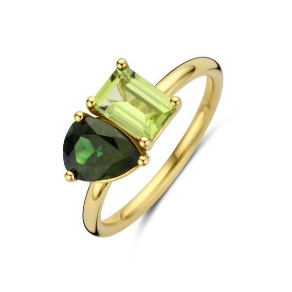 ring toi-et-moi peridot en groen toermalijn 14K geelgoud