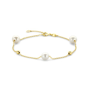armband bolletjes en parels 16,5 - 18,5 cm 14K geelgoud