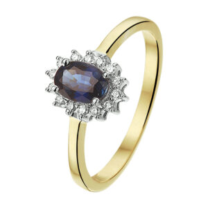 ring saffier en diamant 0.10ct h si halo 14K bicolor goud geel/wit