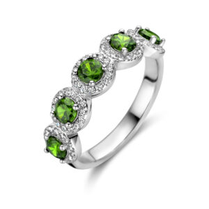 ring groen en wit zirkonia halo zilver gerhodineerd