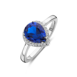 ring wit en blauw zirkonia halo zilver gerhodineerd