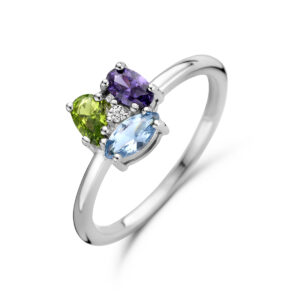 ring zirkonia en synth. edelstenen zilver gerhodineerd