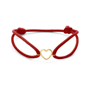 armband rood satijn hartje 13 - 26 cm 14K goud met rubber/nylon/leer