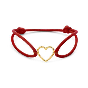 armband rood satijn hartje 13 - 26 cm 14K goud met rubber/nylon/leer