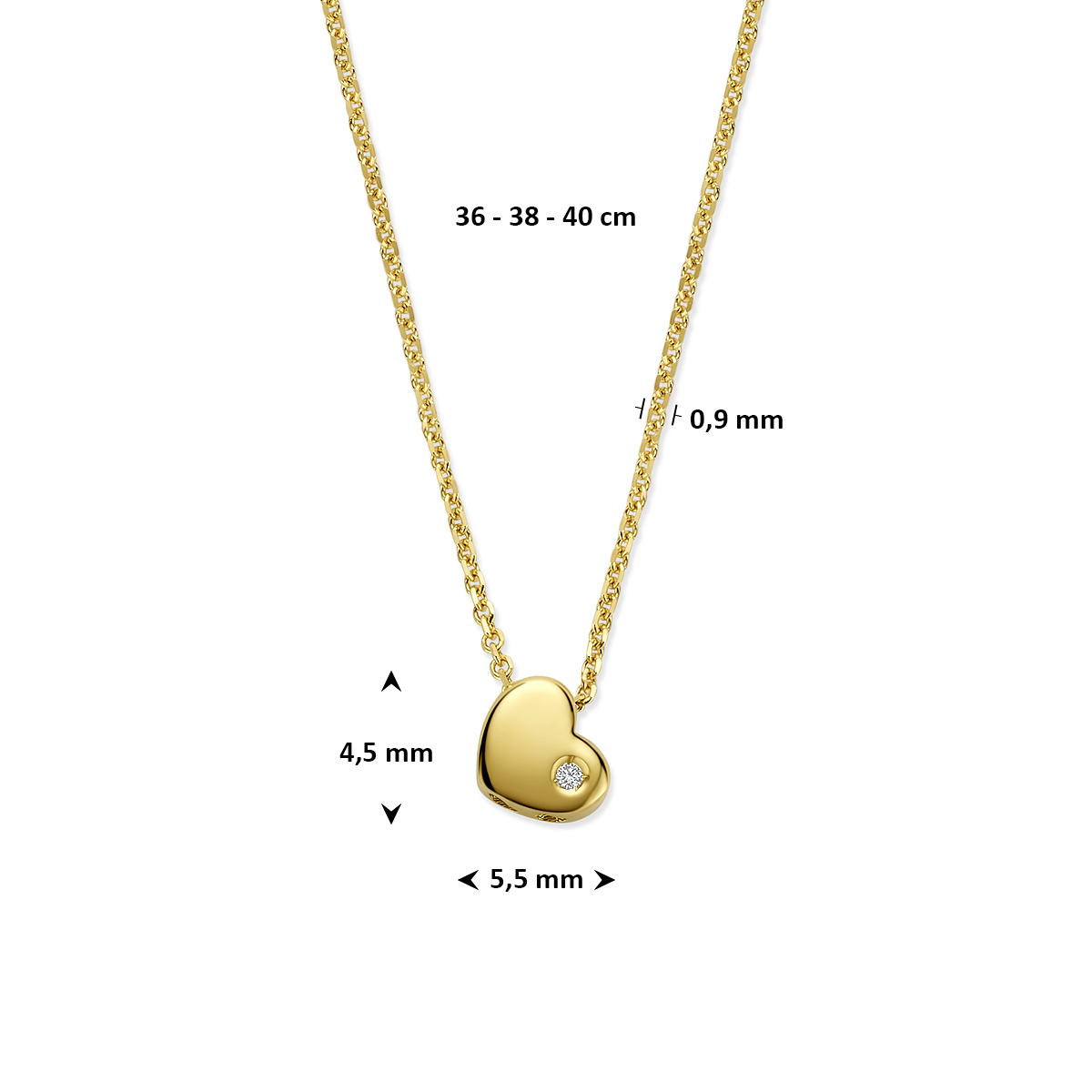 collier hartje lab grown diamant 0.01ct g vs 36 - 38 - 40 cm 14K geelgoud - Afbeelding 4