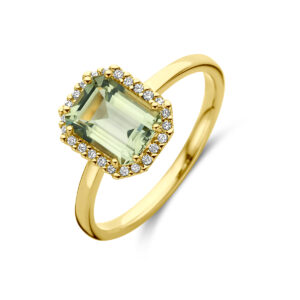 ring groen amethist en diamant 0.10ct h si halo 18K geelgoud