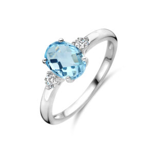 ring trilogie zirkonia en blauw topaas zilver gerhodineerd