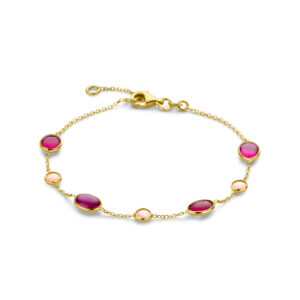 armband roze opaal en robijn 17 - 19 cm 14K geelgoud