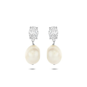 oorhangers parel en zirkonia 21 mm zilver gerhodineerd