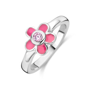 ring bloem en zirkonia zilver gerhodineerd