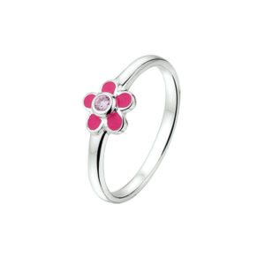 ring bloem roze zirkonia emaille zilver wit