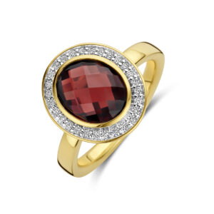 ring granaat en diamant 0.18ct h si 14K geelgoud