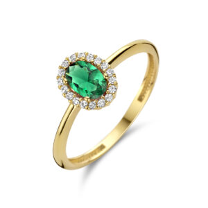ring groen en wit zirkonia halo 14K geelgoud