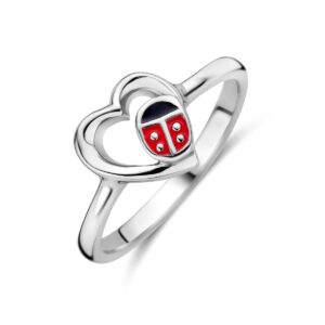 ring hart en lieveheersbeestje emaille zilver gerhodineerd