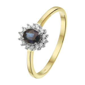 ring saffier en diamant 0.10ct h si halo 14K bicolor goud geel/wit