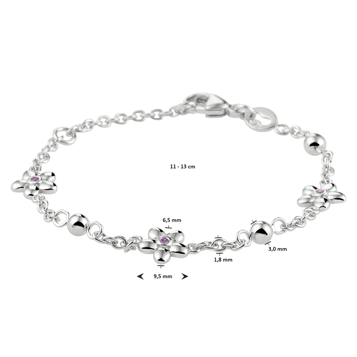 armband bloem roze zirkonia 11 - 13 cm zilver gerhodineerd - Afbeelding 2