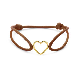 armband bruin satijn hartje 13 - 26 cm 14K goud met rubber/nylon/leer