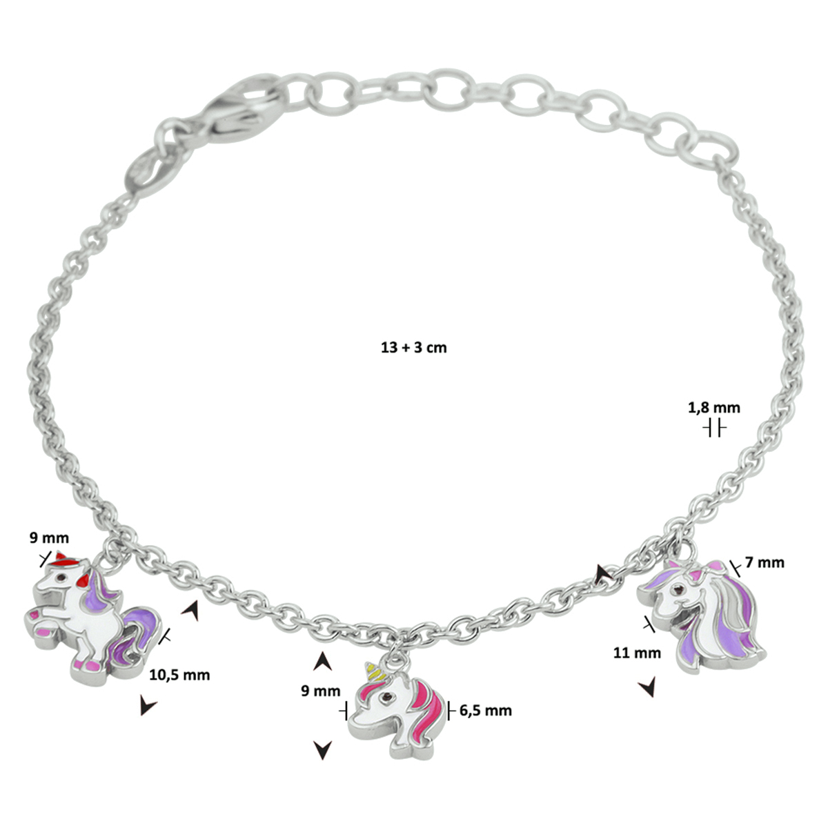 armband eenhoorn emaille 13 + 3 cm zilver gerhodineerd - Afbeelding 5