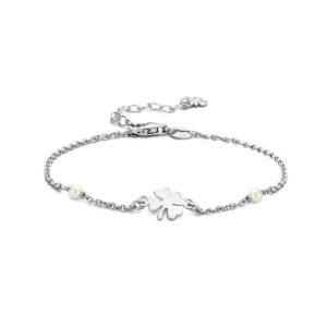 armband synth. parel en klavertje 16 + 3 cm zilver gerhodineerd