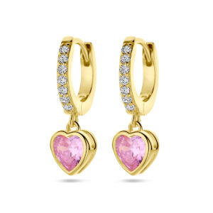 klapoorringen hart roze en wit zirkonia 20 mm 1 micron zilver verguld (geel)