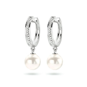 klapoorringen parel diamant 0.04ct (2x 0.02ct) h si 14K witgoud