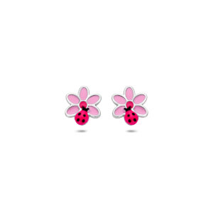oorknoppen bloem en lieveheersbeestje 7,5 mm zilver gerhodineerd
