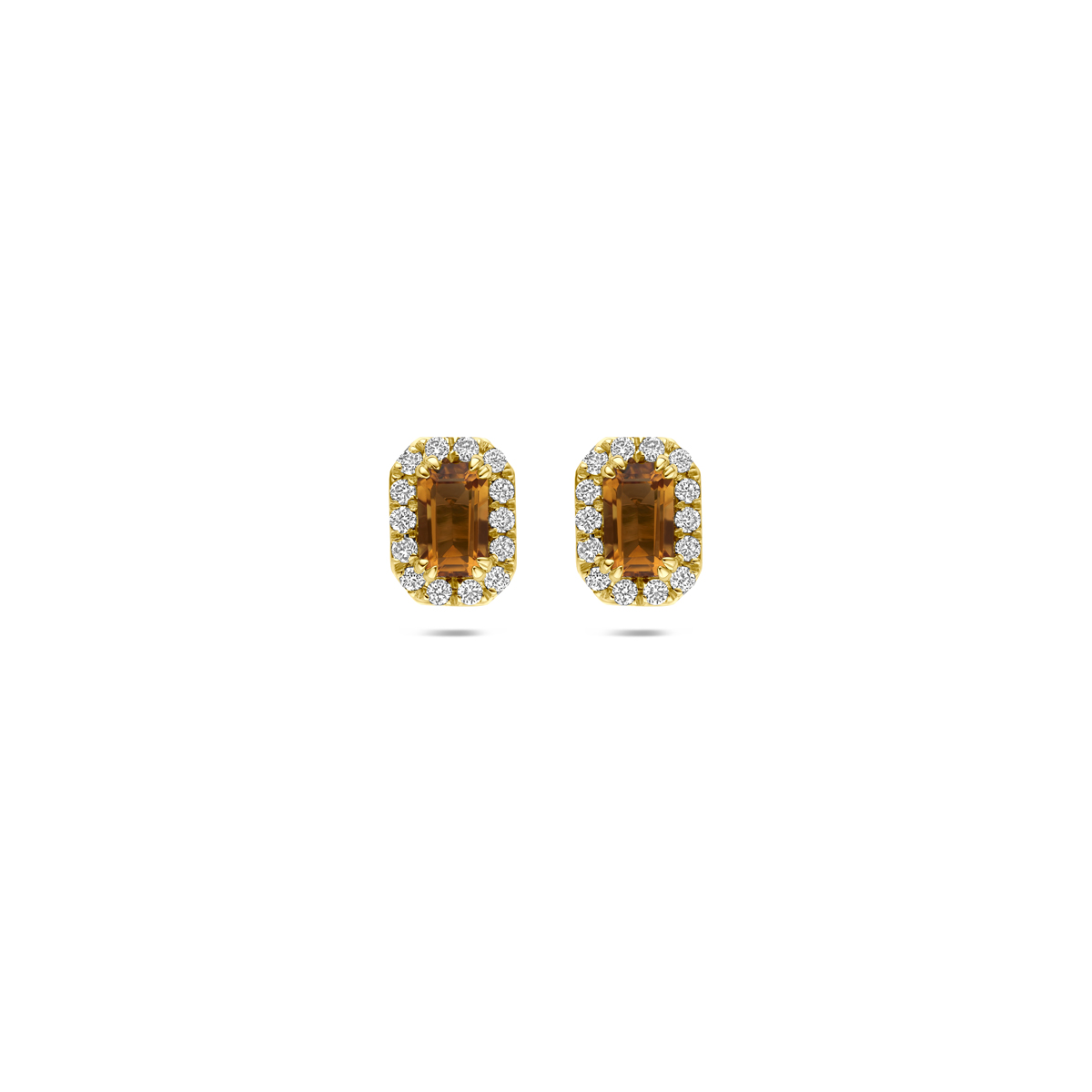oorknoppen citrien en lab grown diamant 0.16ct (2x 0.08ct) f vs 7,5 mm 14K geelgoud