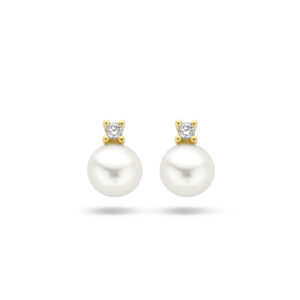 oorknoppen parel en diamant 0.02ct (2x 0.01ct) h p1 14K geelgoud