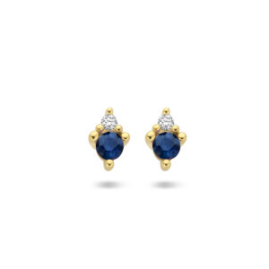 oorknoppen saffier en diamant 0.02ct (2x 0.01ct) h p1 14K geelgoud