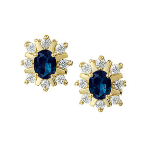 oorknoppen saffier en diamant 0.16ct h p1 halo 14K geelgoud