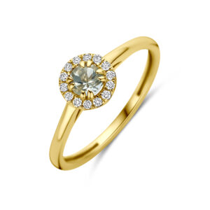 ring groen amethist en lab grown diamant 0.08ct f vs 14K geelgoud