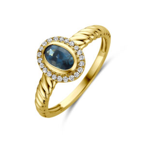 ring london blue topaas en lab grown diamant 0.10ct f vs 14K geelgoud