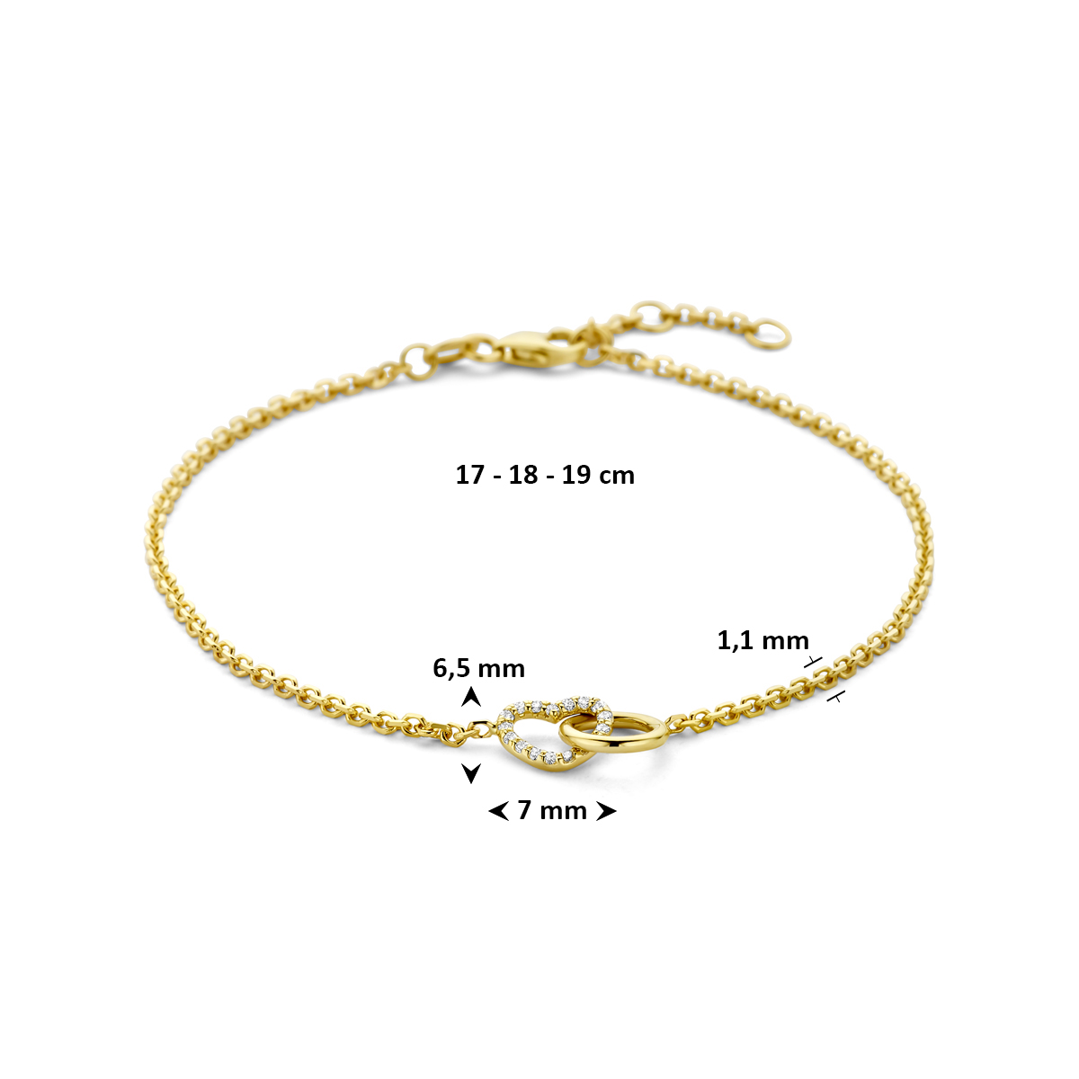 armband rondje en hartje lab grown diamant 0.09ct g vs 17 - 18 - 19 cm 14K geelgoud - Afbeelding 3
