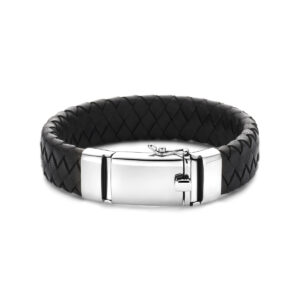 armband zwart leer 15 mm 21 cm zilver gerhodineerd