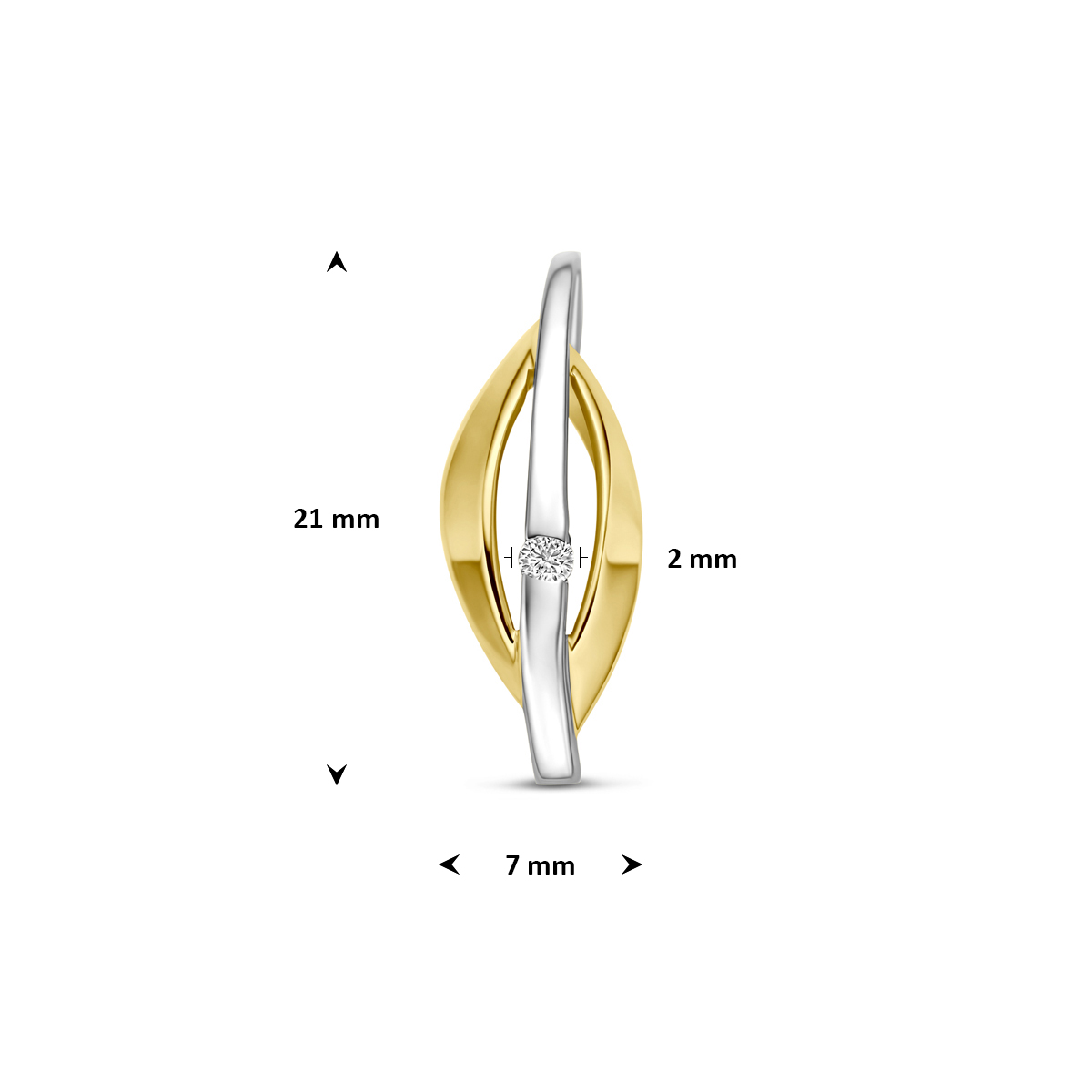 hanger lab grown diamant 0.03ct f vs 21 mm 14K bicolor goud geel/wit - Afbeelding 4
