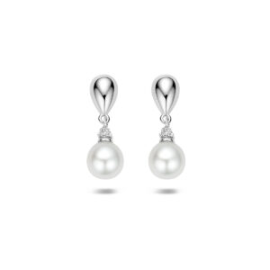oorhangers parel en zirkonia 20 mm zilver gerhodineerd