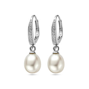 oorhangers parel en zirkonia brisur haak 29 mm zilver gerhodineerd