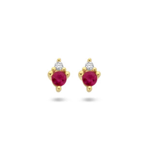 oorknoppen robijn en diamant 0.02ct (2x 0.01ct) h p1 14K geelgoud