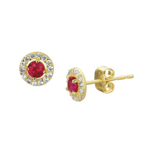 oorknoppen syn. robijn en zirkonia halo 14K geelgoud