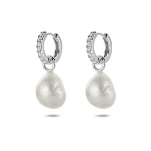 oorringen parel en zirkonia 25 mm zilver gerhodineerd