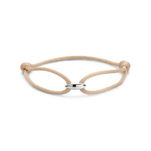 armband koffieboon beige satijn 13 - 26 cm zilver gerhodineerd met rubber/nylon/leer