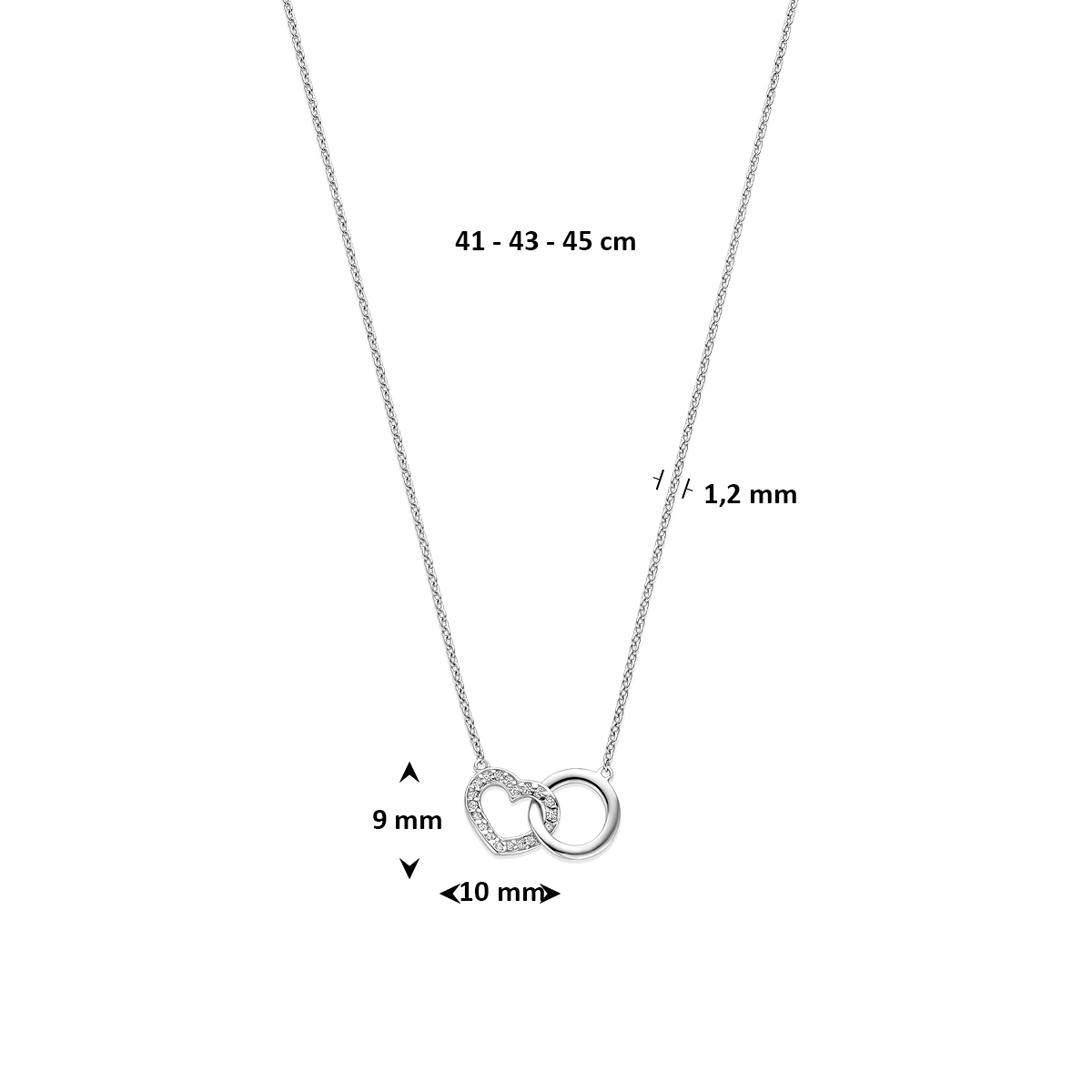 collier rondje en hartje zirkonia 41 - 43 - 45 cm zilver gerhodineerd - Afbeelding 4