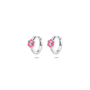 klapoorringen bloem roze emaille 10 mm zilver gerhodineerd